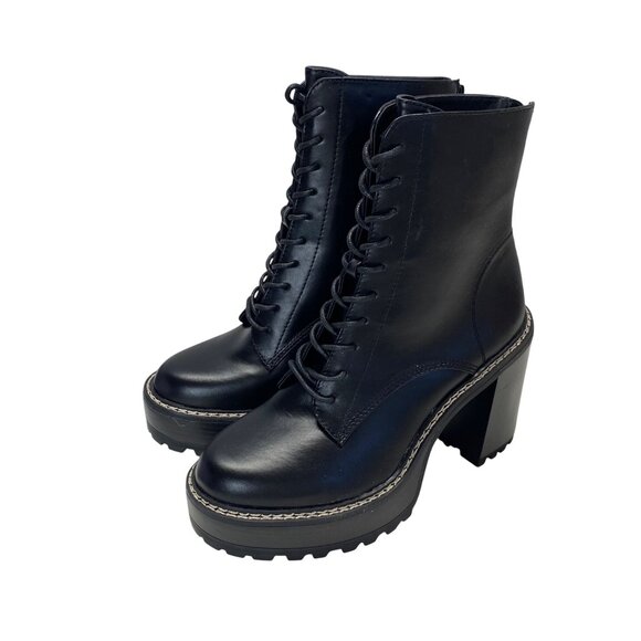 Madden Girl Size 8.5 Black Leather Heeled Combat Boots With Lug Sole Side Zipper - Picture 2 of 11
